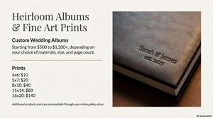 Elegant leather photo album samples and fine art prints displayed with pricing details and product information.