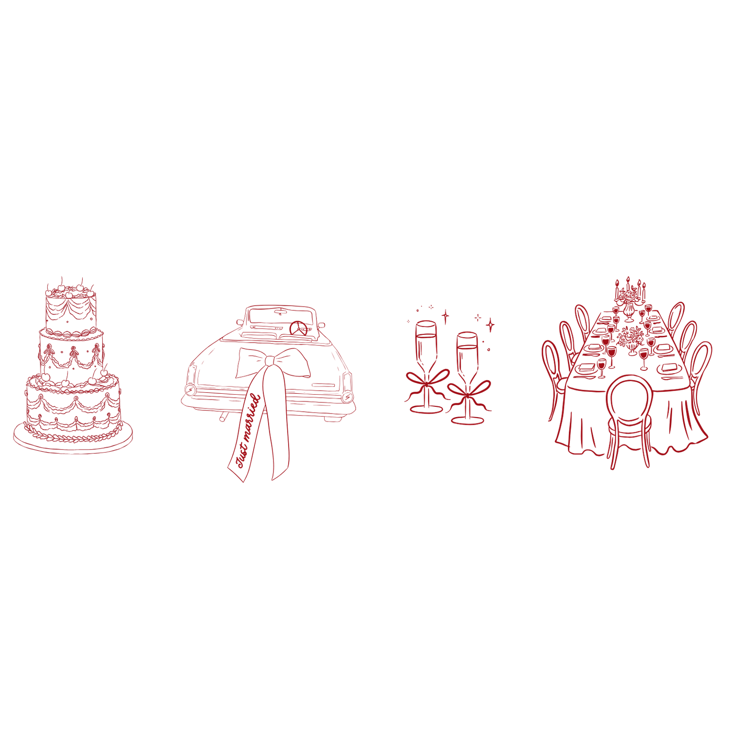 Simple line drawings of wedding icons including a tiered cake, camera, champagne glasses, and dining table setting.