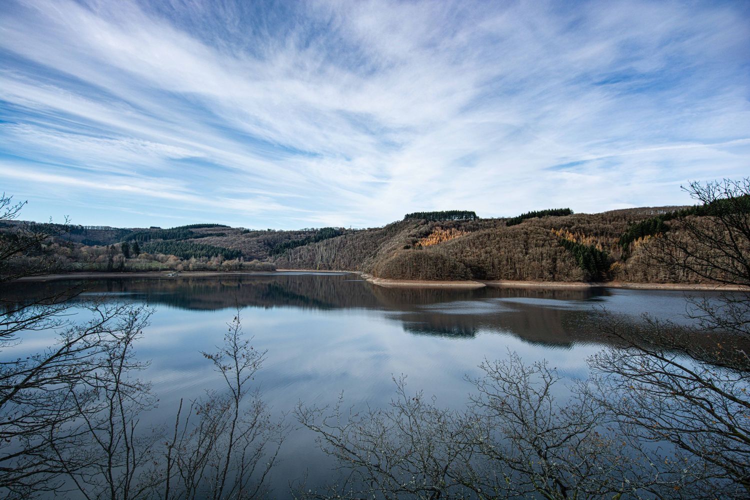 Color photo of a peaceful lake reflecting dramatic blue sky and wispy clouds with bare trees in the foreground.