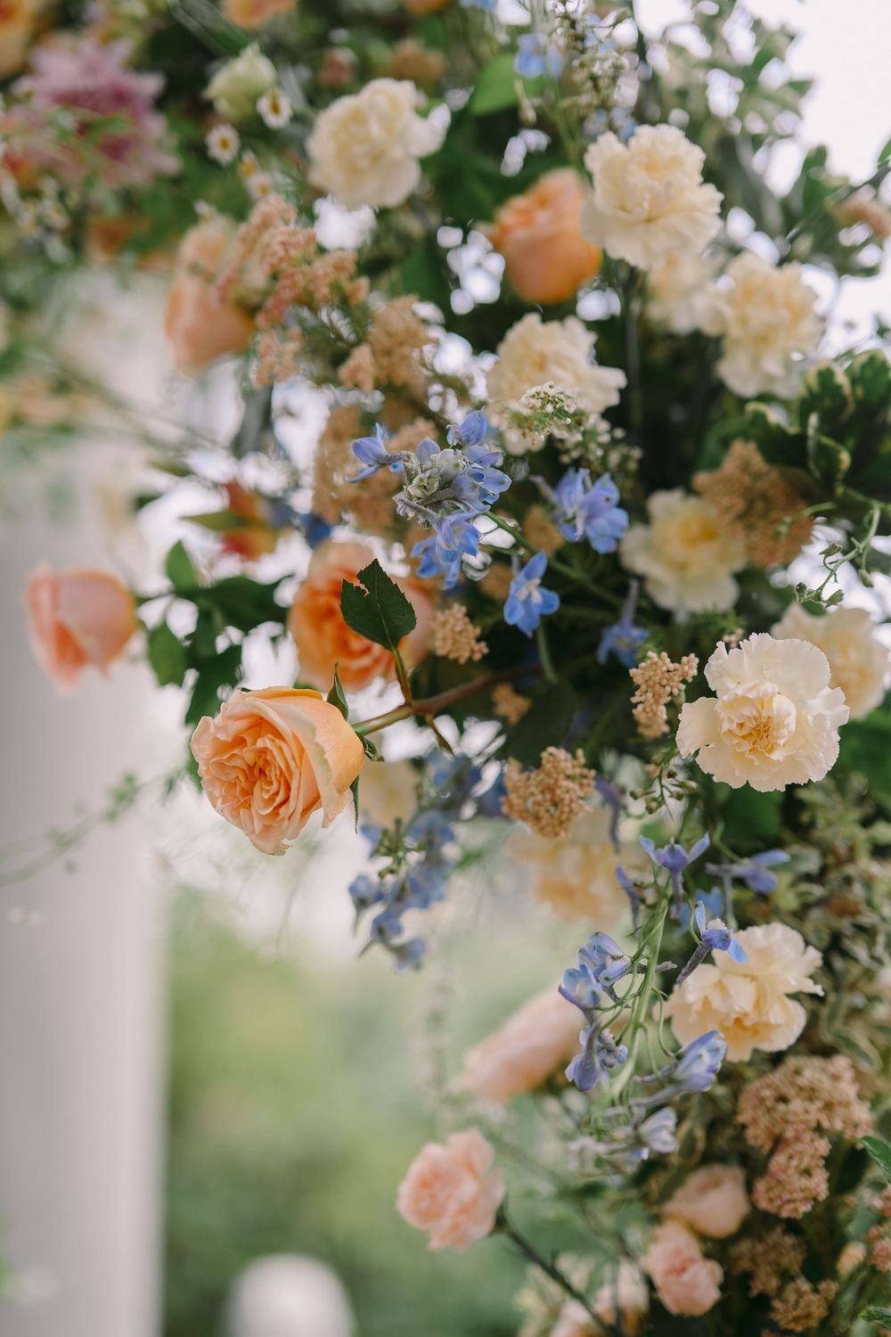 Elegant floral arch with peach roses, cream blooms, and blue delphinium flowers for an outdoor wedding ceremony.