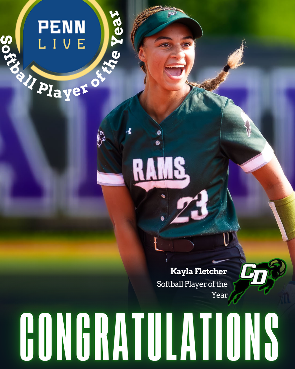 Central Dauphin Kayla Fletcher Softball Player of the Year PennLive graphic, by Deanna Fox, SportsFox Photography based in Hershey PA