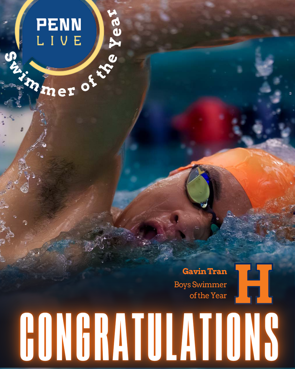 Hershey Gavin Tran Boys Swimmer of the Year PennLive graphic, by Deanna Fox, SportsFox Photography based in Hershey PA