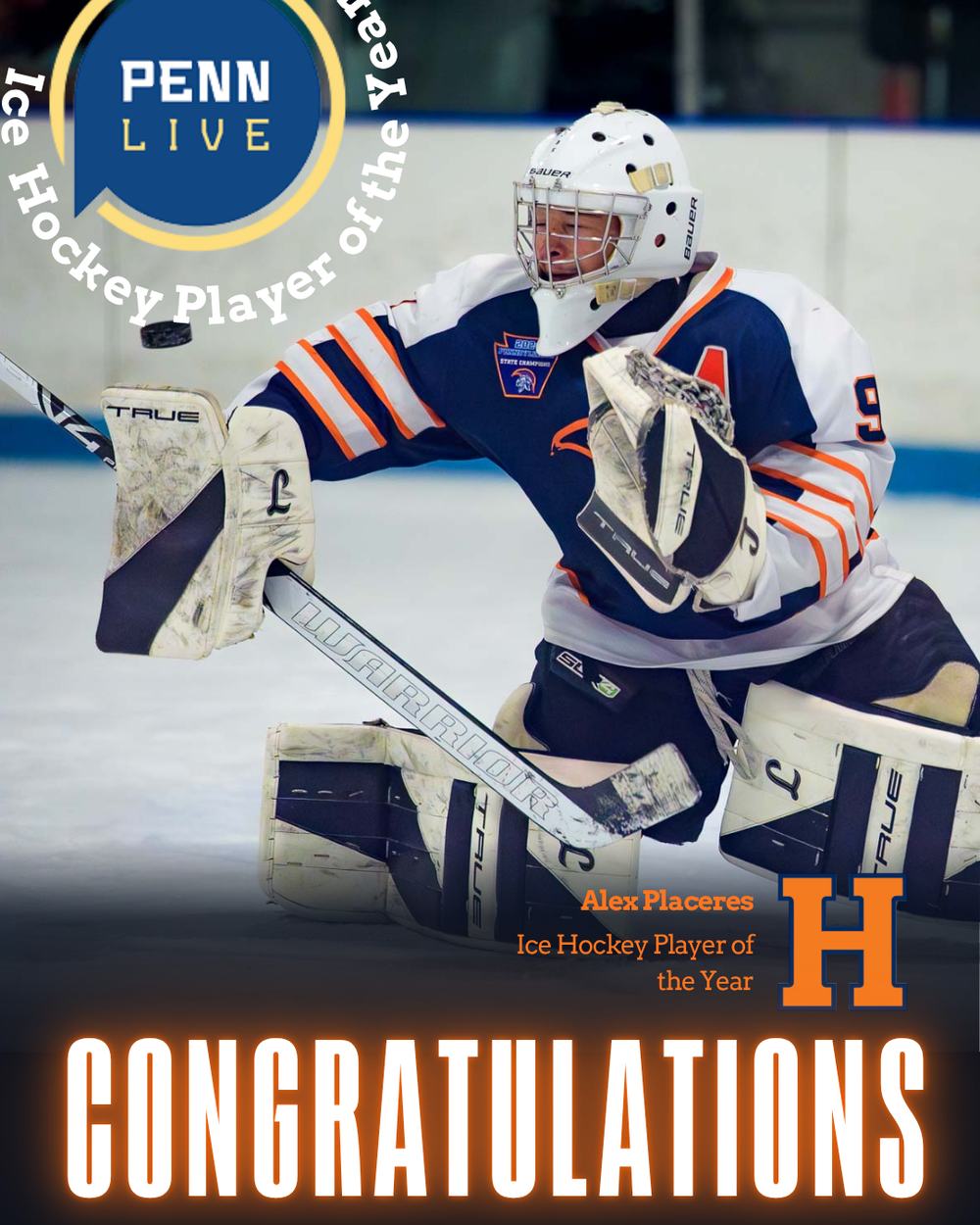 Hershey Alex Placeres Ice Hockey Player of the Year PennLive graphic, by Deanna Fox, SportsFox Photography based in Hershey PA