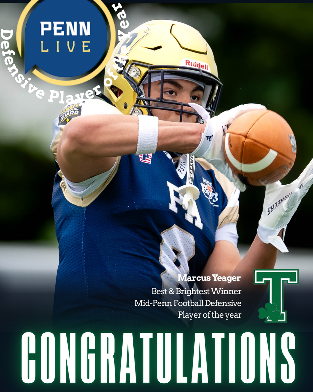 Trinity football Marcus Yeager Mid-Penn Defensive Player of the Year PennLive graphic, by Deanna Fox, SportsFox Photography based in Hershey