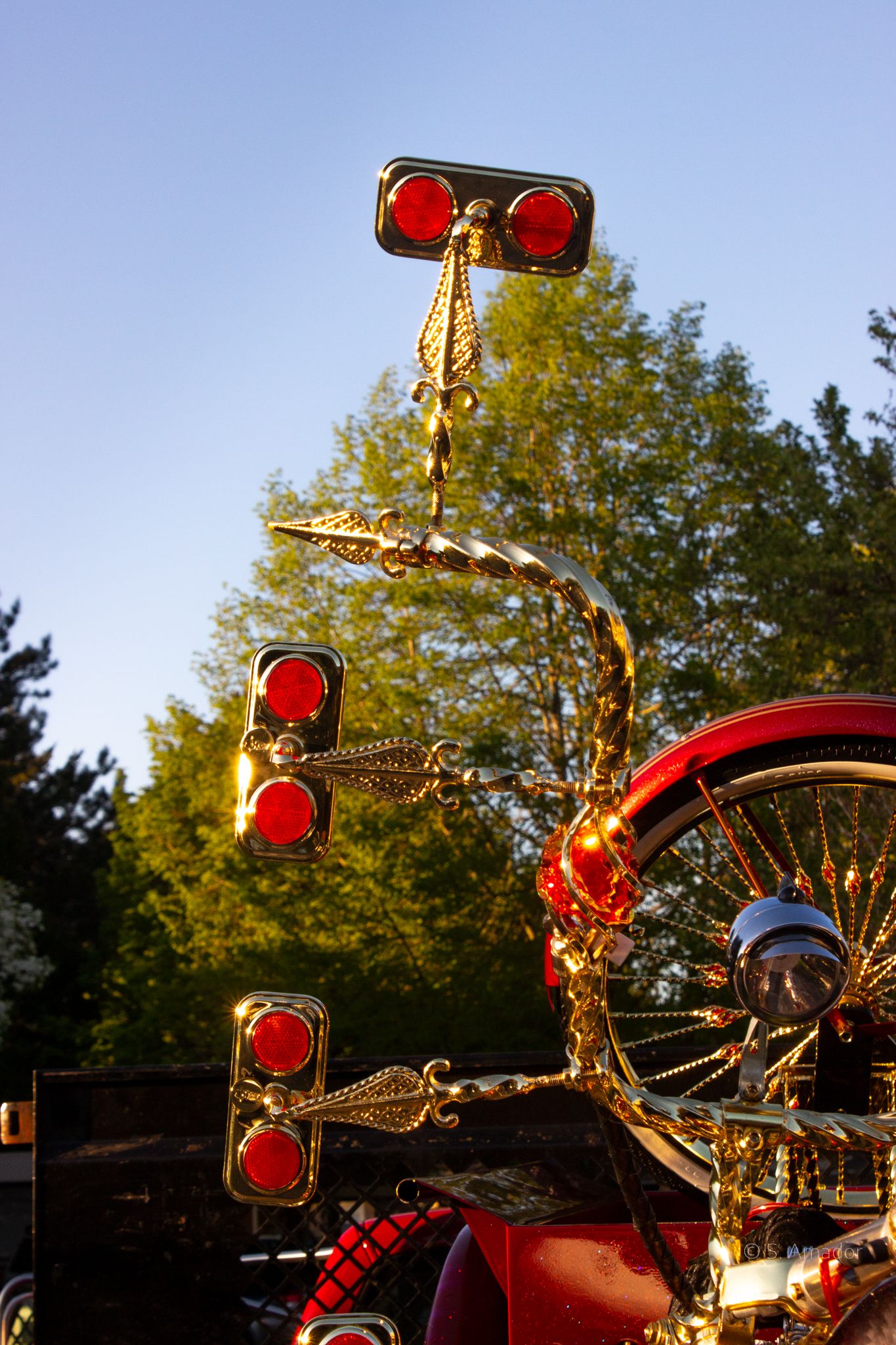 Gold-adorned custom lowrider bicycle with red lights and ornate decorations displayed outdoors.