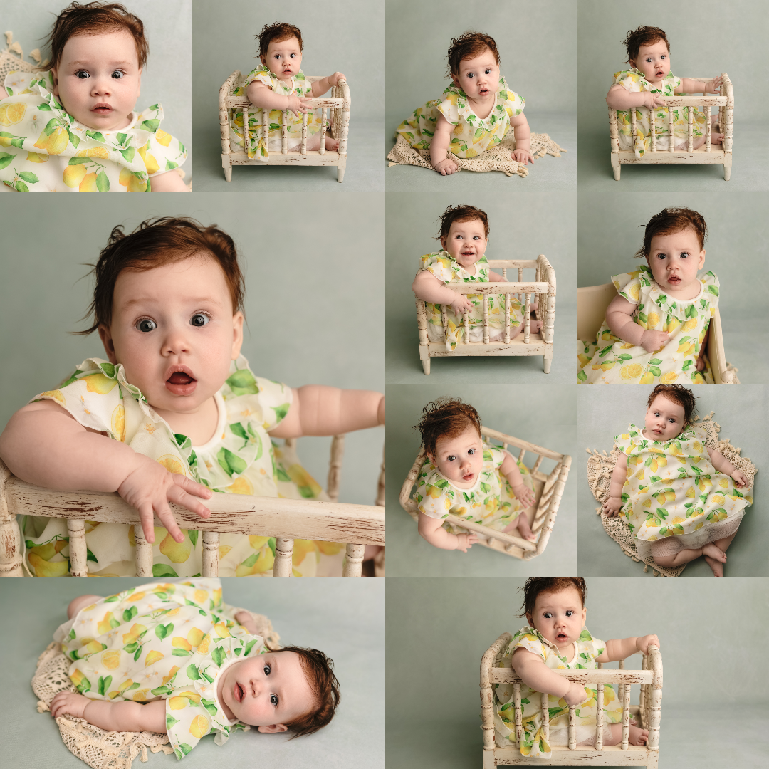 Collage of an adorable six month-old girl in a lemon dress against a blue backdrop by Charlottesville baby and family photographer.