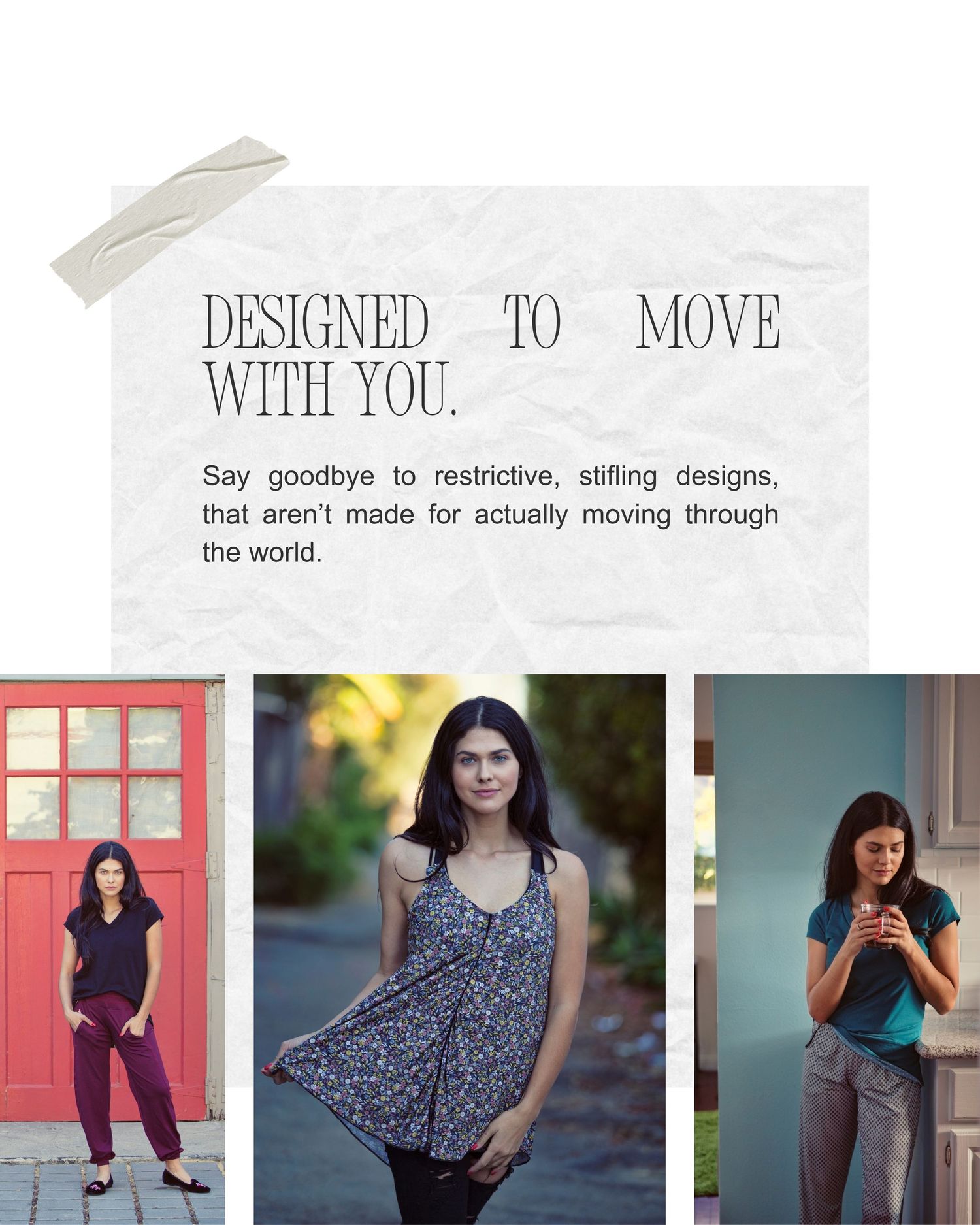 Three women model comfortable, stylish activewear designed for freedom of movement in casual outdoor settings.