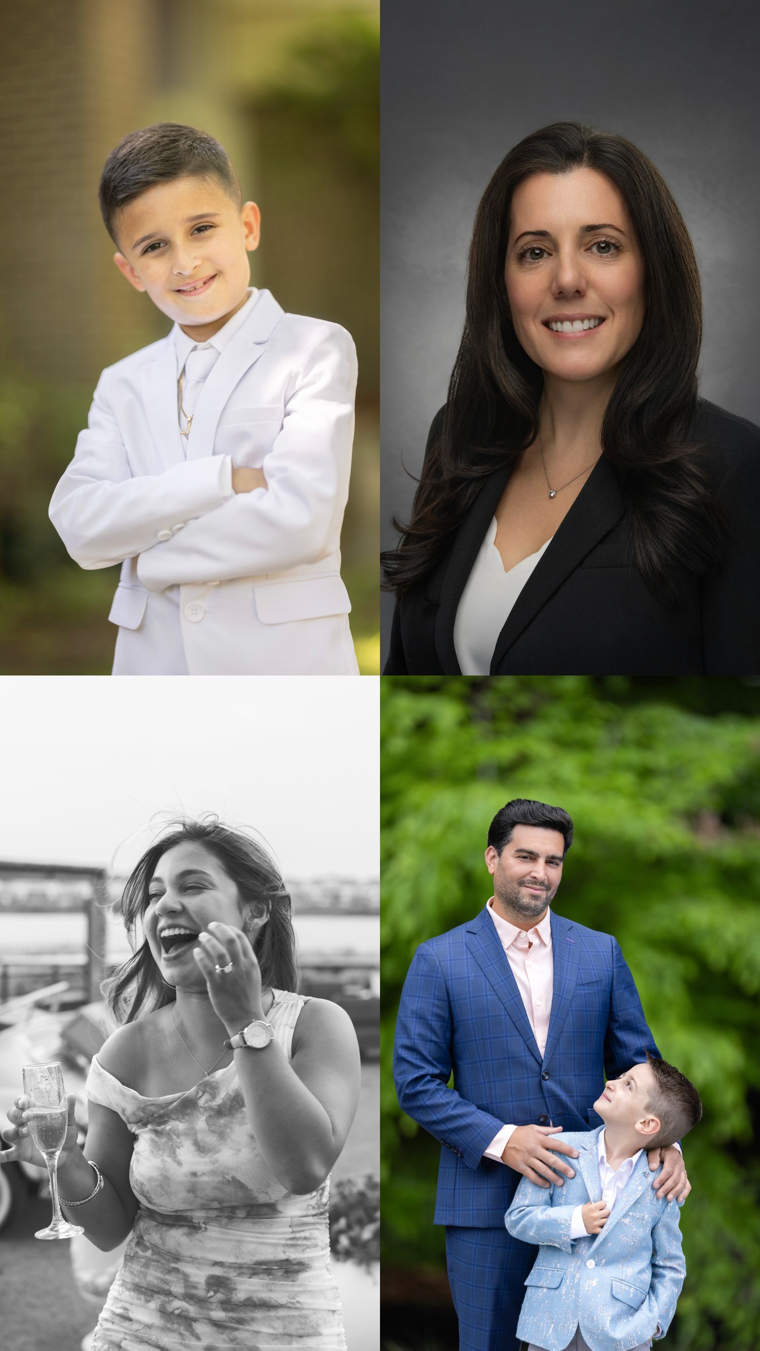 A collage of four professional photos featuring a boy in white suit, a woman in blazer, a laughing bride, and a man with child.