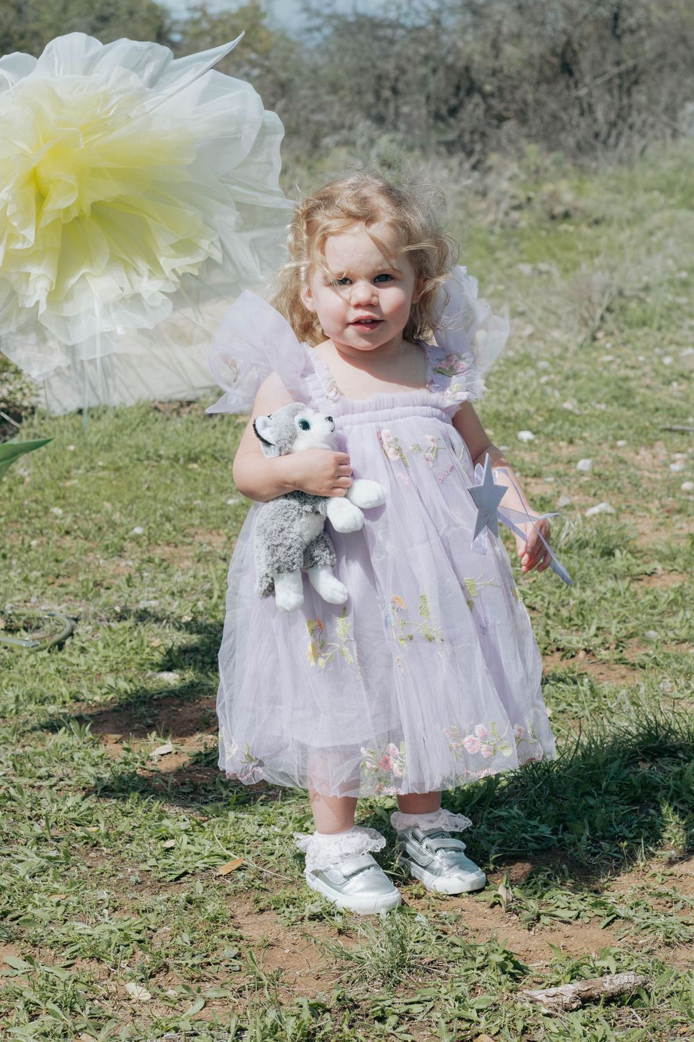 Toddler girl in lavender tulle fairy dress holding stuffed animal toy, standing outdoors on grass in white sneakers.