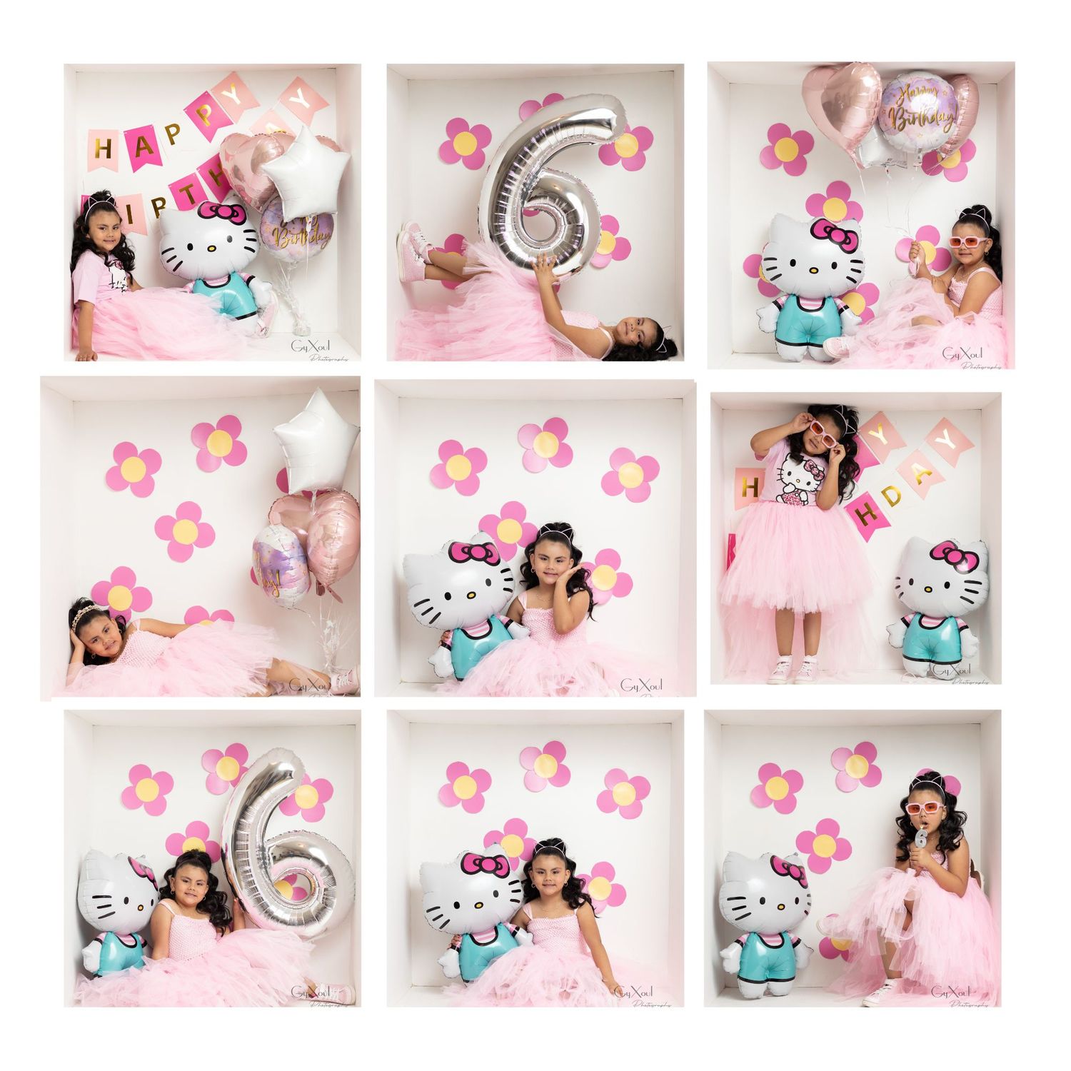 Girl in pink dress poses with Hello Kitty balloons and number 6 balloon for a birthday photo collage.