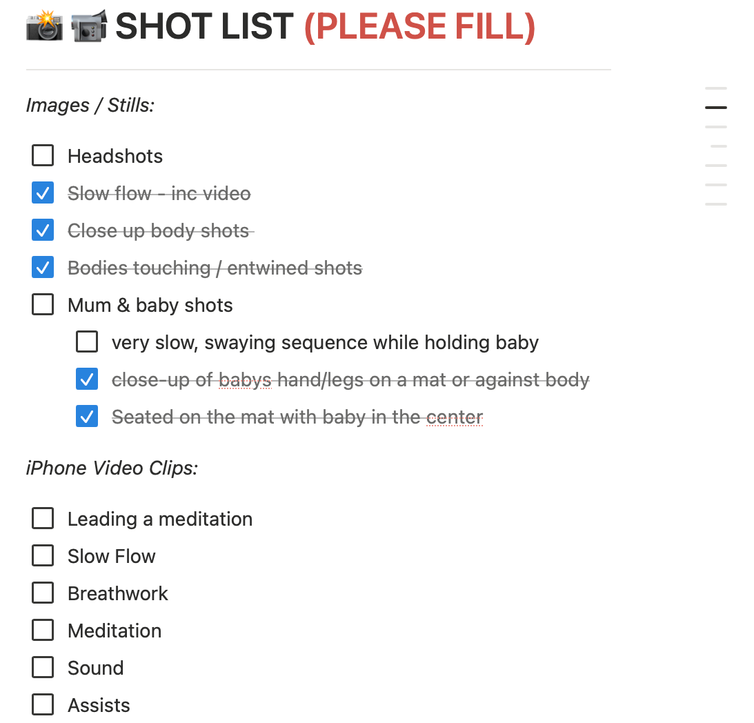 A shot list checklist for photography and iPhone video clips including headshots, slow flow, body shots, and meditation scenes.