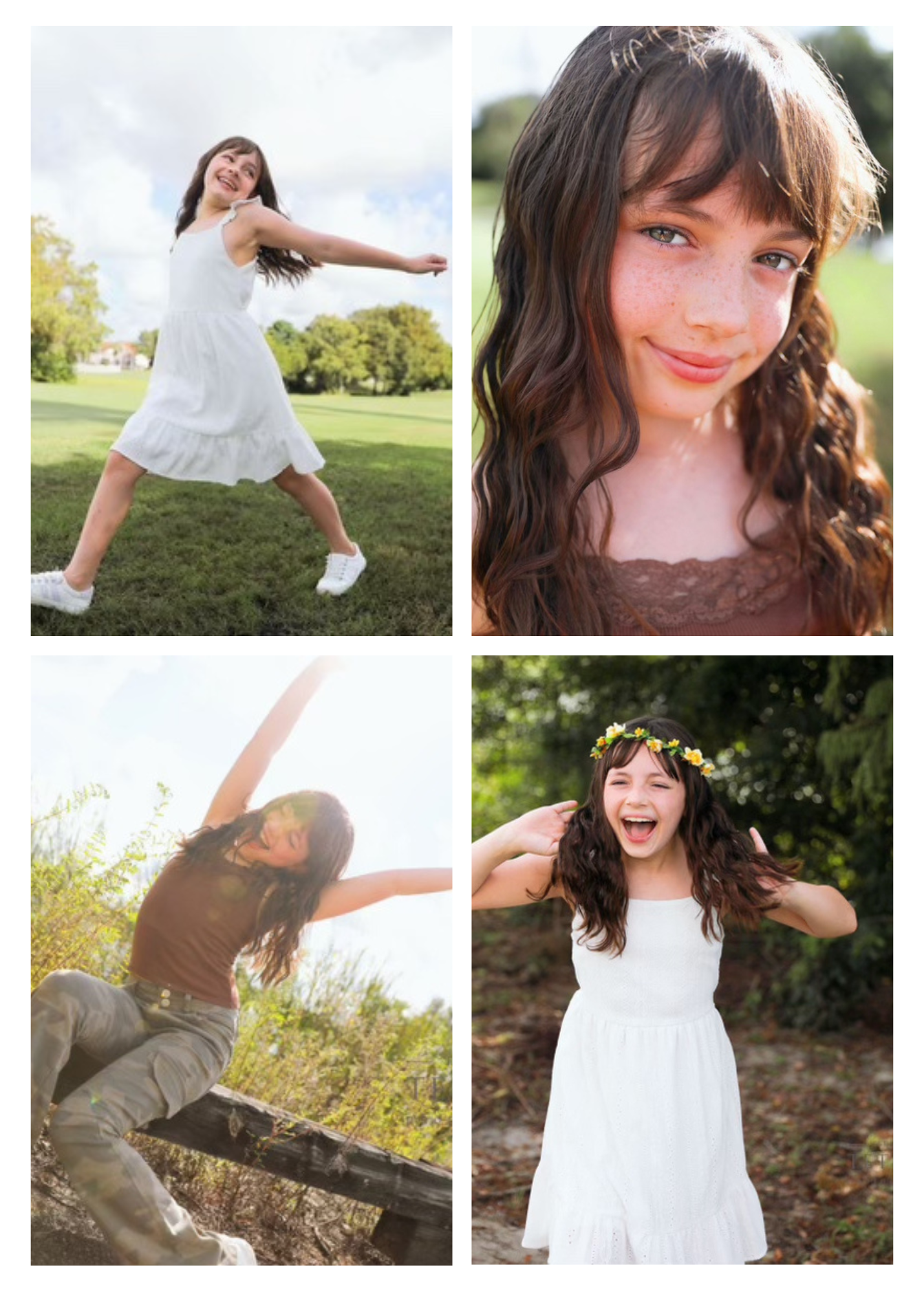 A collage of a young girl in four poses, wearing white dresses and a floral crown, playing outdoors in nature.