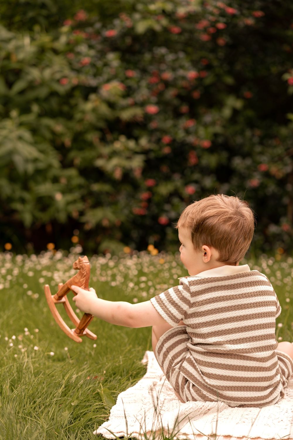 A young boy sits on a blanket in a garden, holding a wooden rocking horse toy, with flowering bushes behind him.