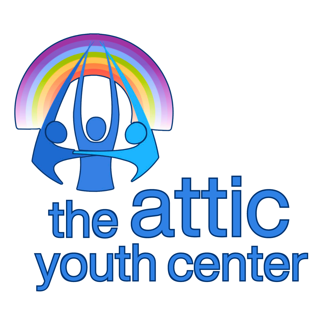 Logo design for The Attic Youth Center featuring a blue abstract figure with rainbow curves above against black background.