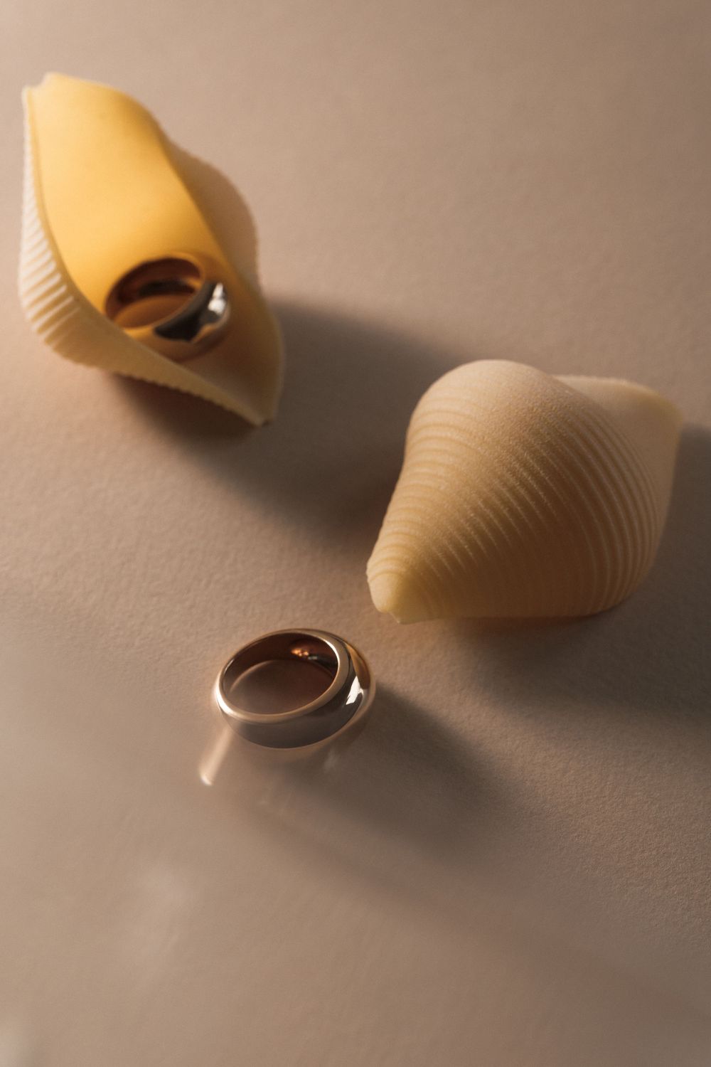 Two pasta shells and gold rings creating an artistic composition on brown surface.