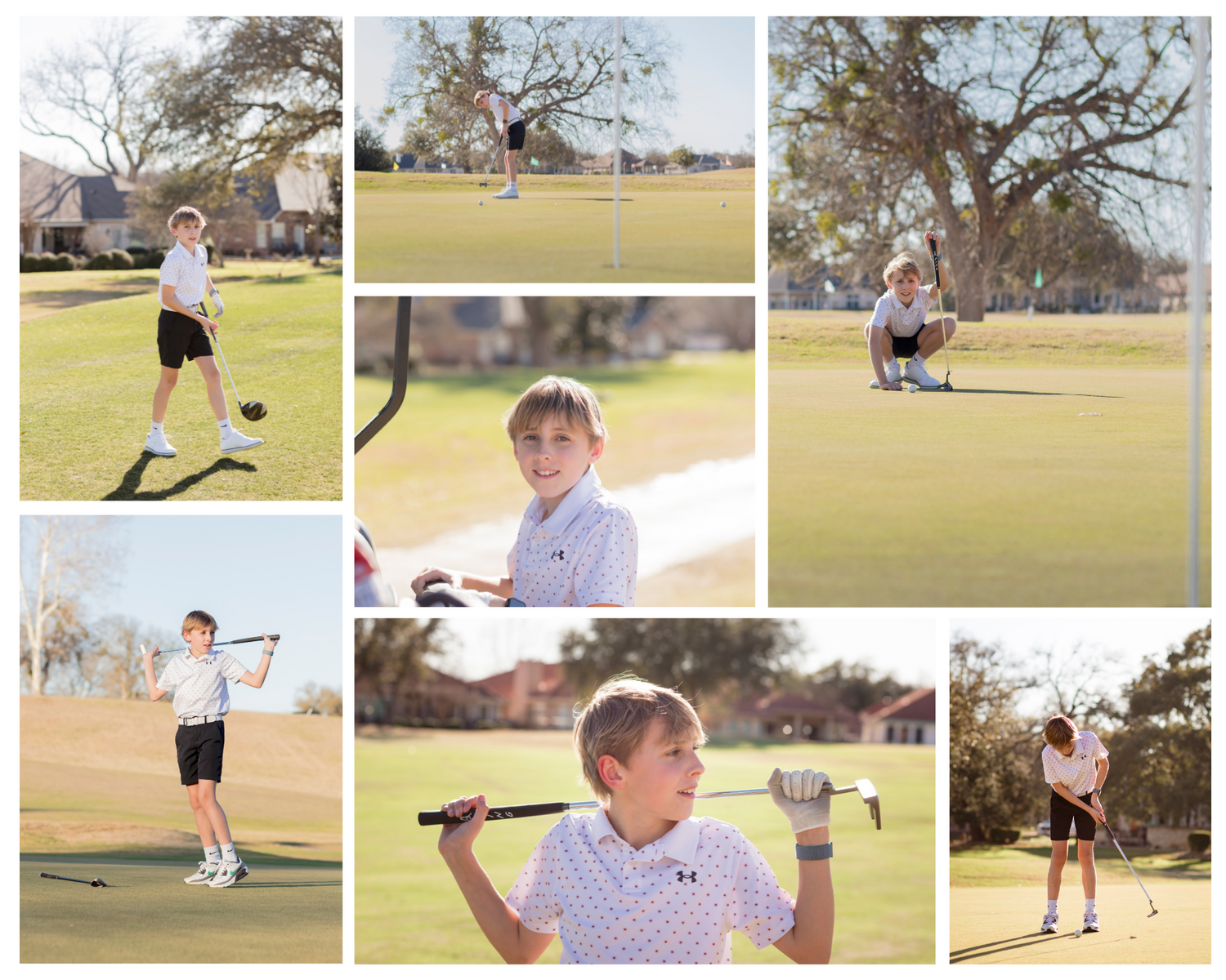 A collage of golf practice scenes on a sunny day, showing various putting and swinging stances on a grass course. kids sports photography