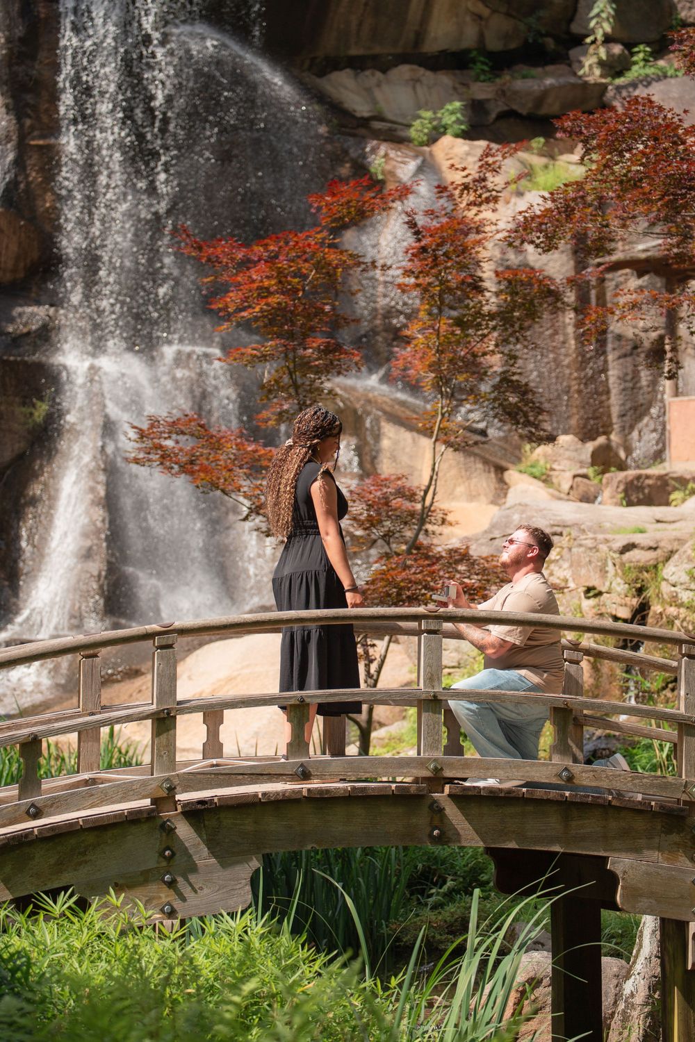 Romantic moment captured on a wooden bridge with waterfall and autumn foliage at Maymont Japanese garden, RVA