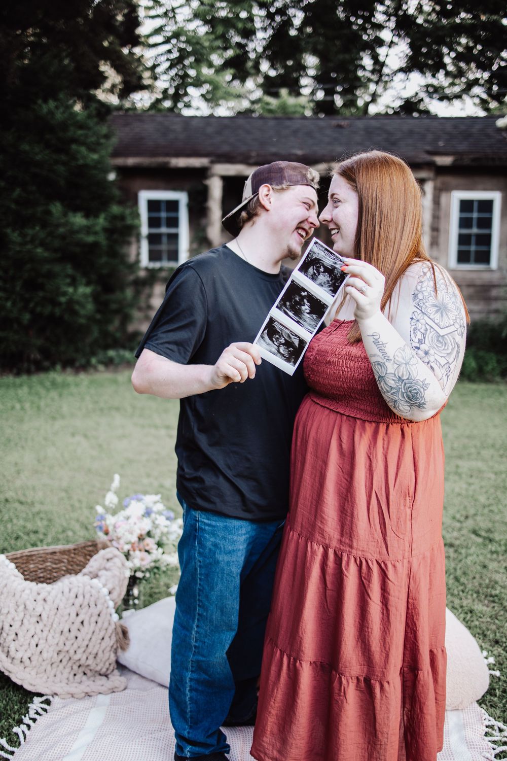 A couple in casual attire stands outdoors sharing ultrasound photos in a series of sweet announcement moments.