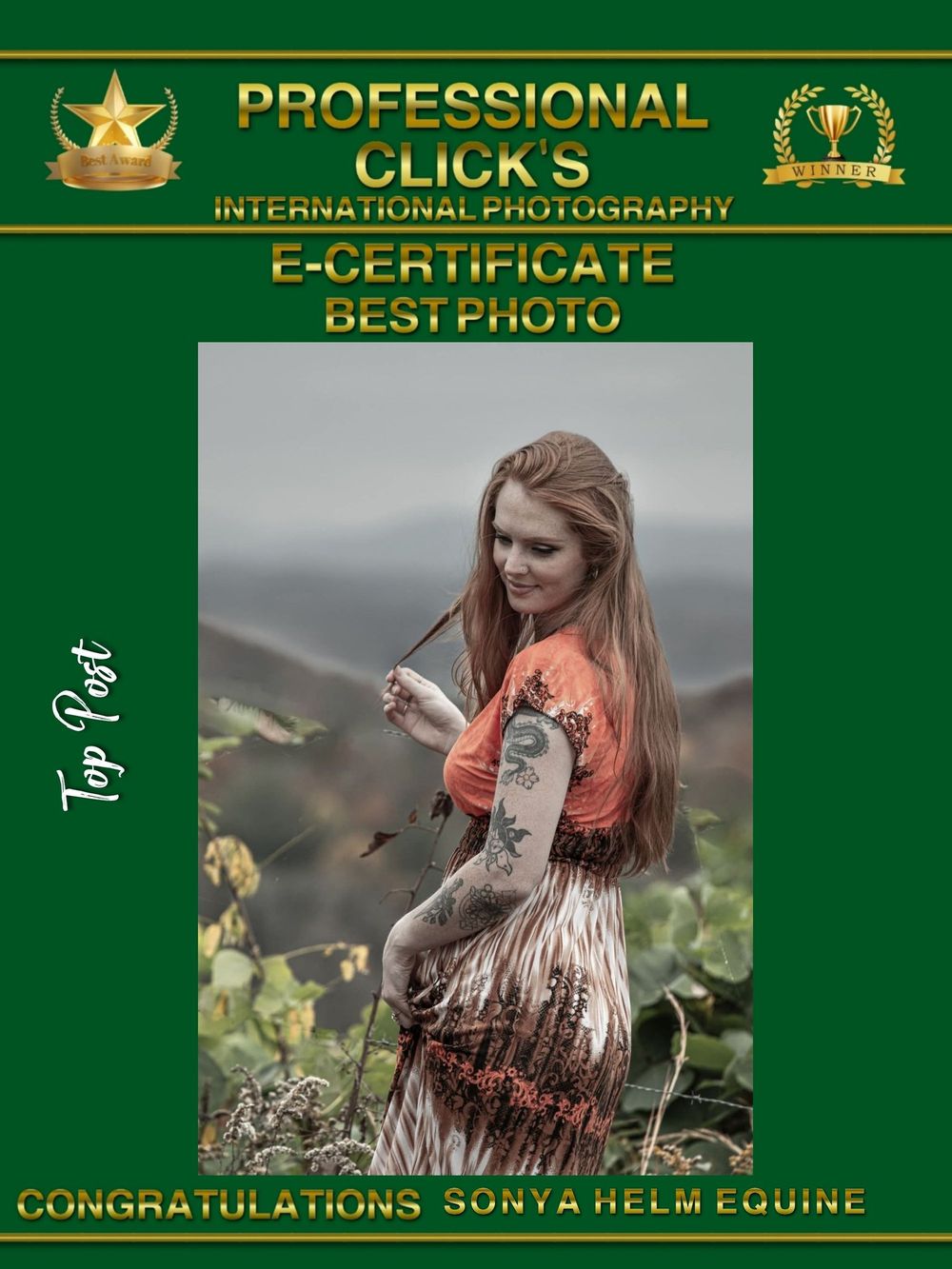 Award certificate showing outdoor portrait in natural setting.