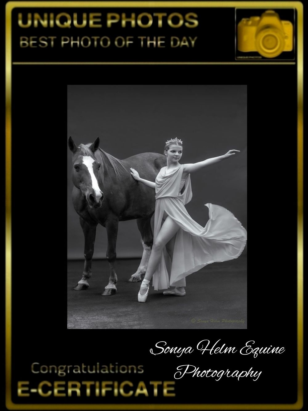 Black and white equine photography award featuring elegant dance pose with horse.