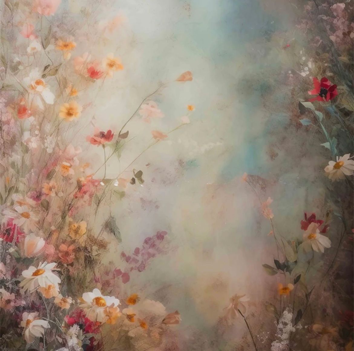 Romantic floral backdrop with soft focus wildflowers in peach and coral tones.