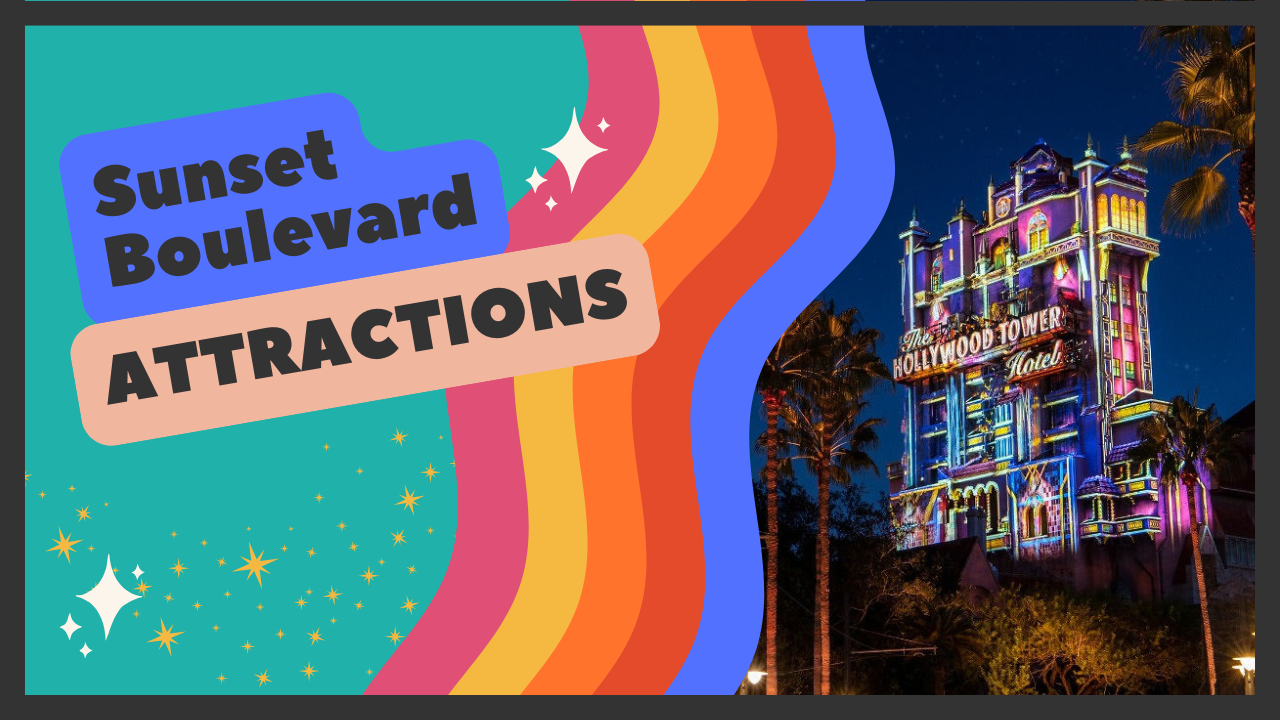 Retro-styled Sunset Boulevard attractions sign with illuminated Tower of Terror building at night.