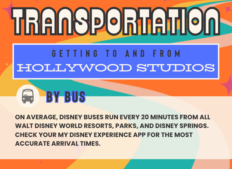 Transportation guide for Hollywood Studios showing bus and walking options with colorful geometric background.