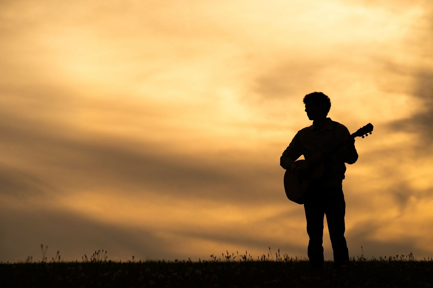Silhouette of a guitarist standing on a hill against a dramatic golden sunset sky.