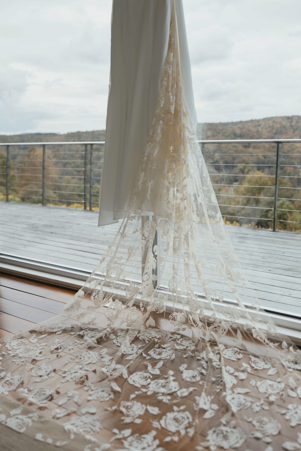 Ice formation on a window pane creates a delicate crystalline pattern against a mountainous landscape background.