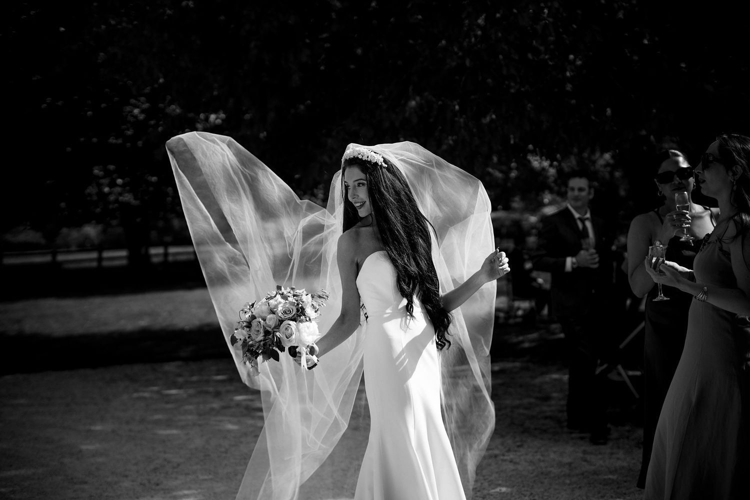 A black and white photo sequence shows a wedding ceremony with flowing white veils and formal attire.