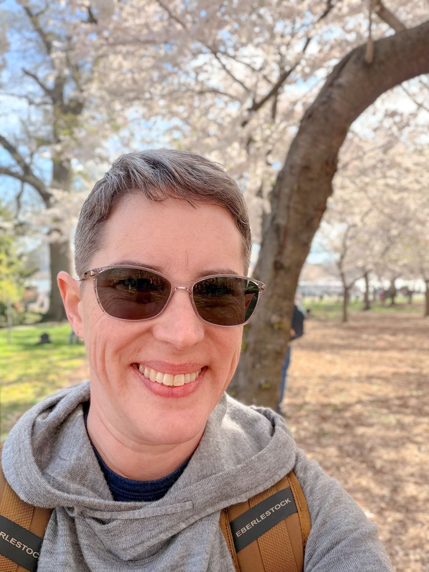 Person enjoying spring cherry blossoms in a park wearing a grey hoodie and sunglasses on a sunny day.