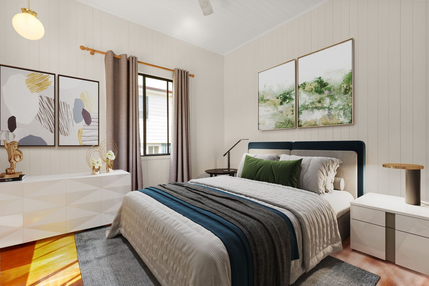 Stylish bedroom with navy upholstered bed, grey area rug, timber floors, and green botanical wall art.