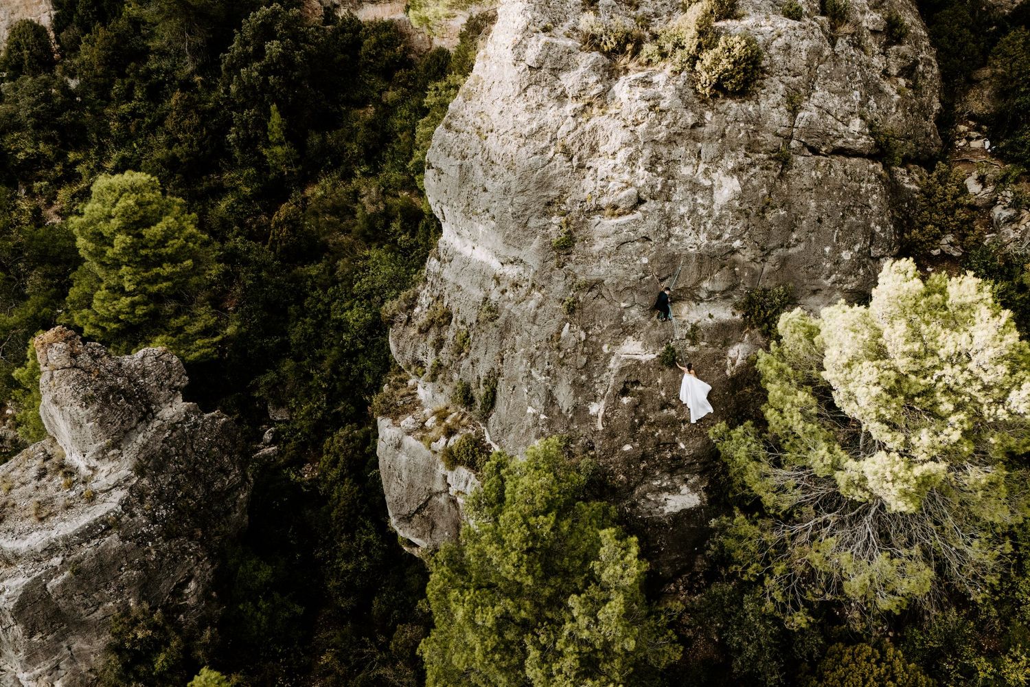 White rocky outcroppings emerge from dense forest vegetation on a mountainside.
