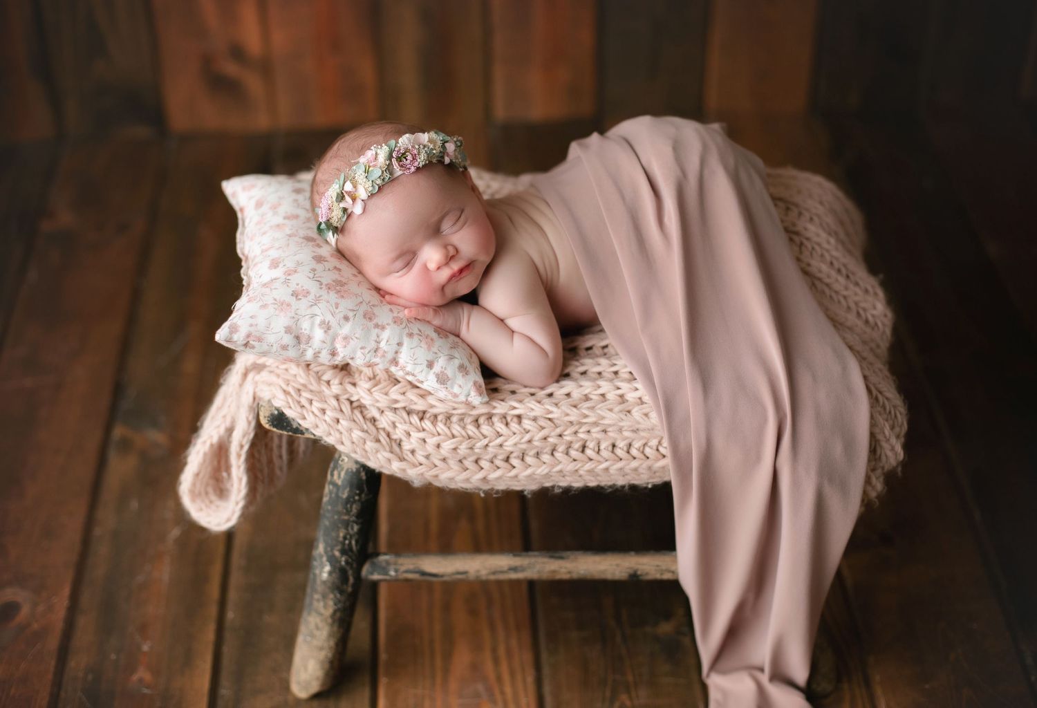 Newborn baby in pink on stool. Greenville sc newborn photographer, Easley sc newborn photographer, Upstate sc newborn photographer
