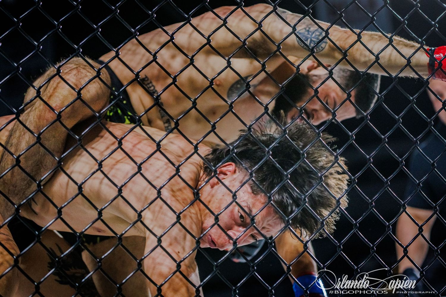 Two people engaged in an intense mixed martial arts fight inside an octagon cage during a professional match.