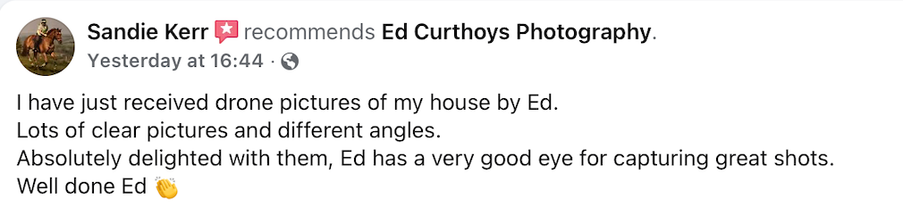 A Facebook review shows positive comments about Ed Curthoys Photography with 5 star rating and praise for drone photos.