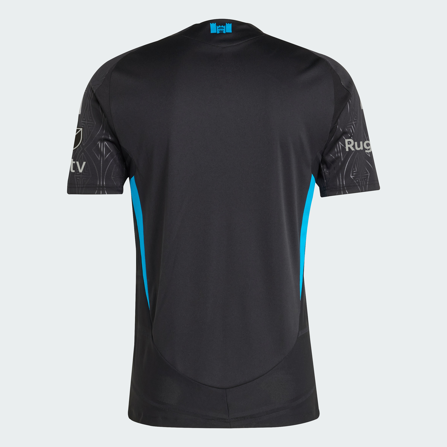 Charlotte FC Fortress Kit black adidas jersey with teal side panels and Rugby TV patch, back view.