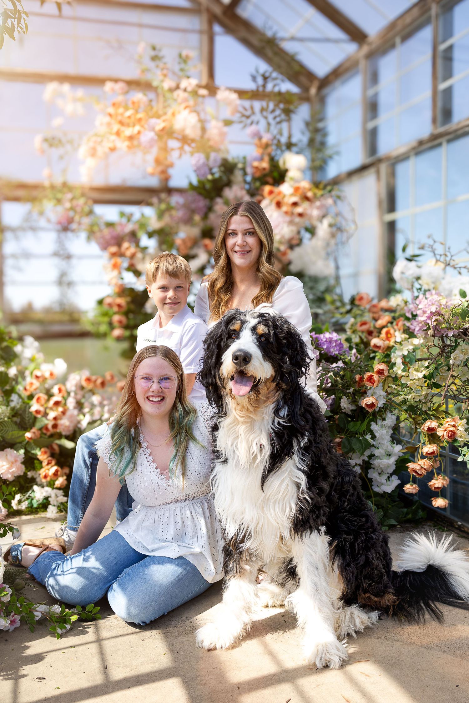 People sitting with black and white dogs in a bright greenhouse surrounded by blooming peach roses and flowers.