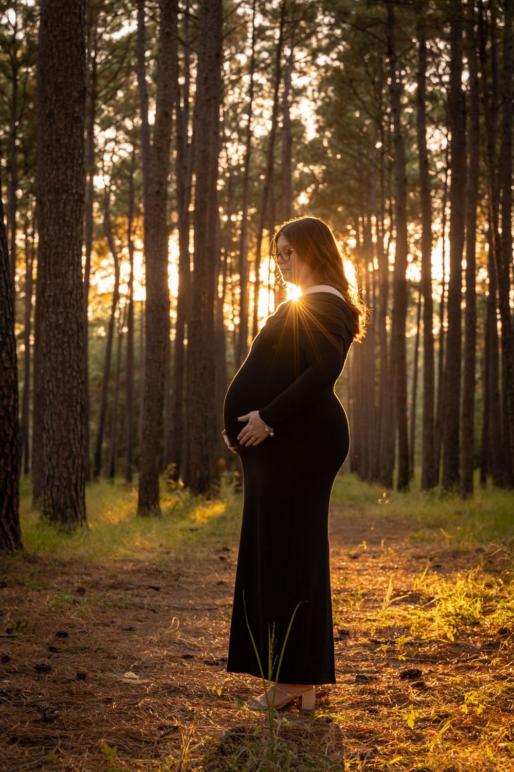 A silhouetted figure stands in a pine forest at sunset with golden sunlight streaming through the trees.