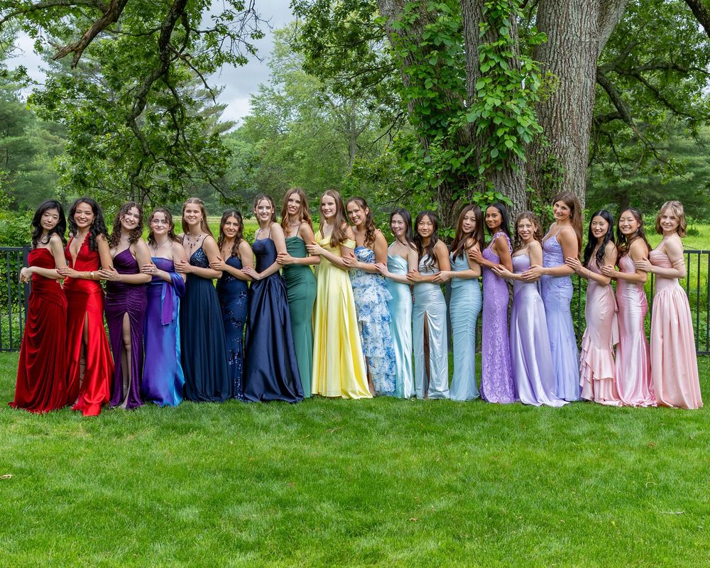 Large group of teens in colorful formal prom attire posing outdoors on green lawn under large tree at a pre prom party in Weston, MA.