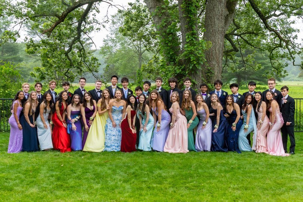Large group of teens in colorful formal prom attire posing outdoors on green lawn under large tree at a pre prom party in Weston, MA
