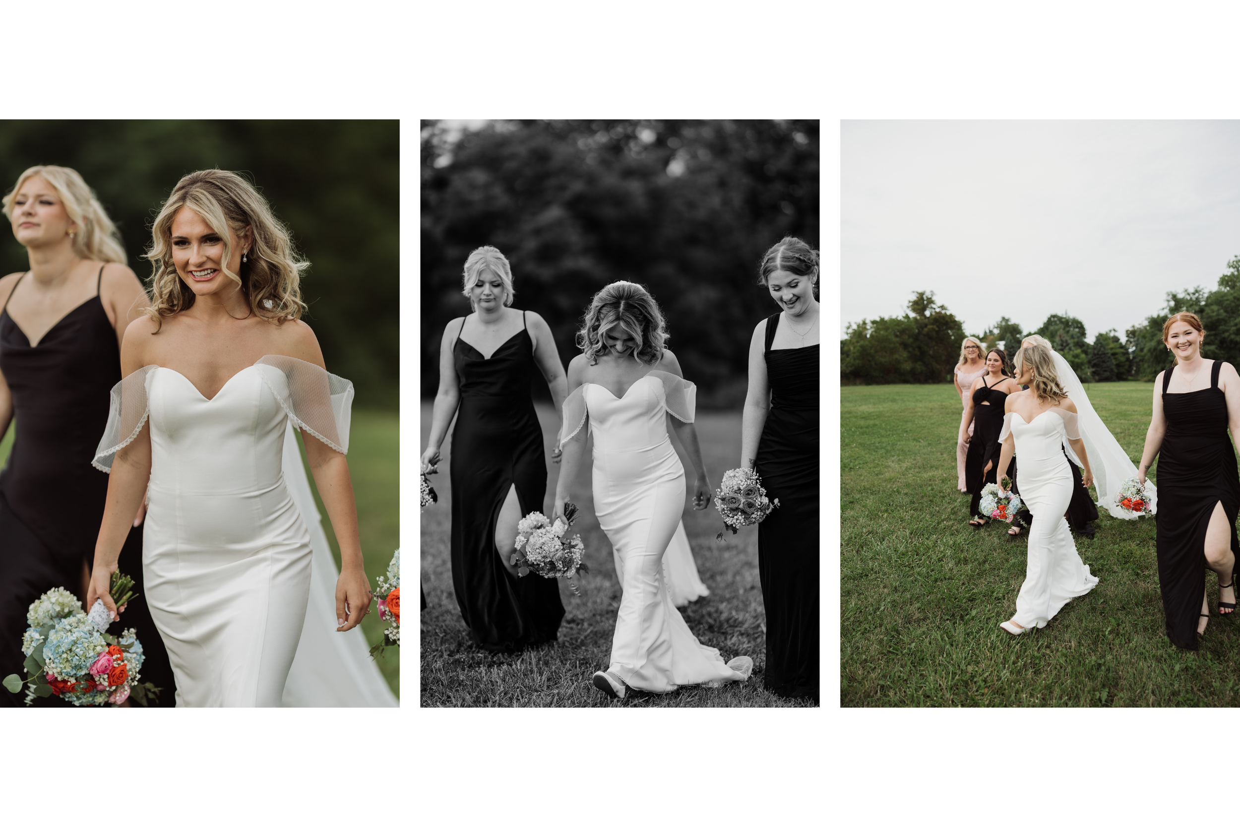 Wedding party portraits with evergreen trees in the Finger Lakes region
