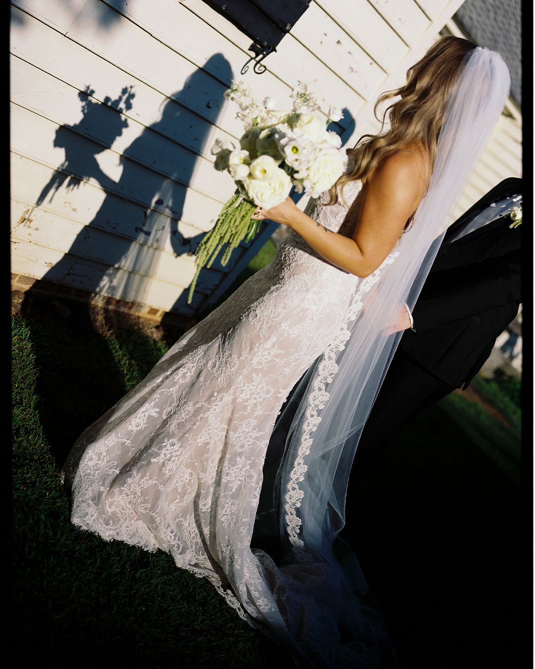 A series of romantic wedding photos showing a couple dancing together in elegant white attire at sunset.