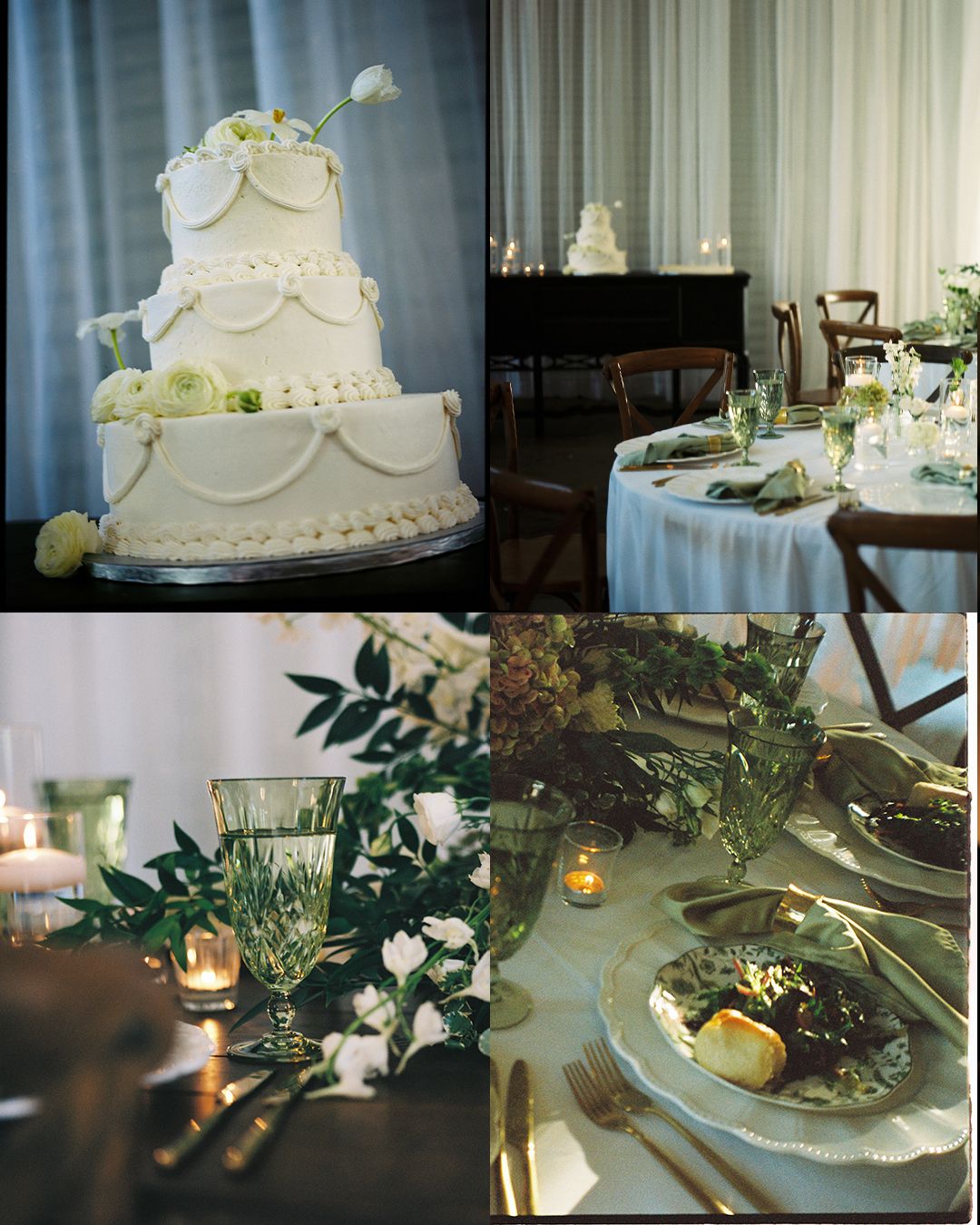 White wedding cake with floral decorations and candles on an elegant table setting at a reception venue.
