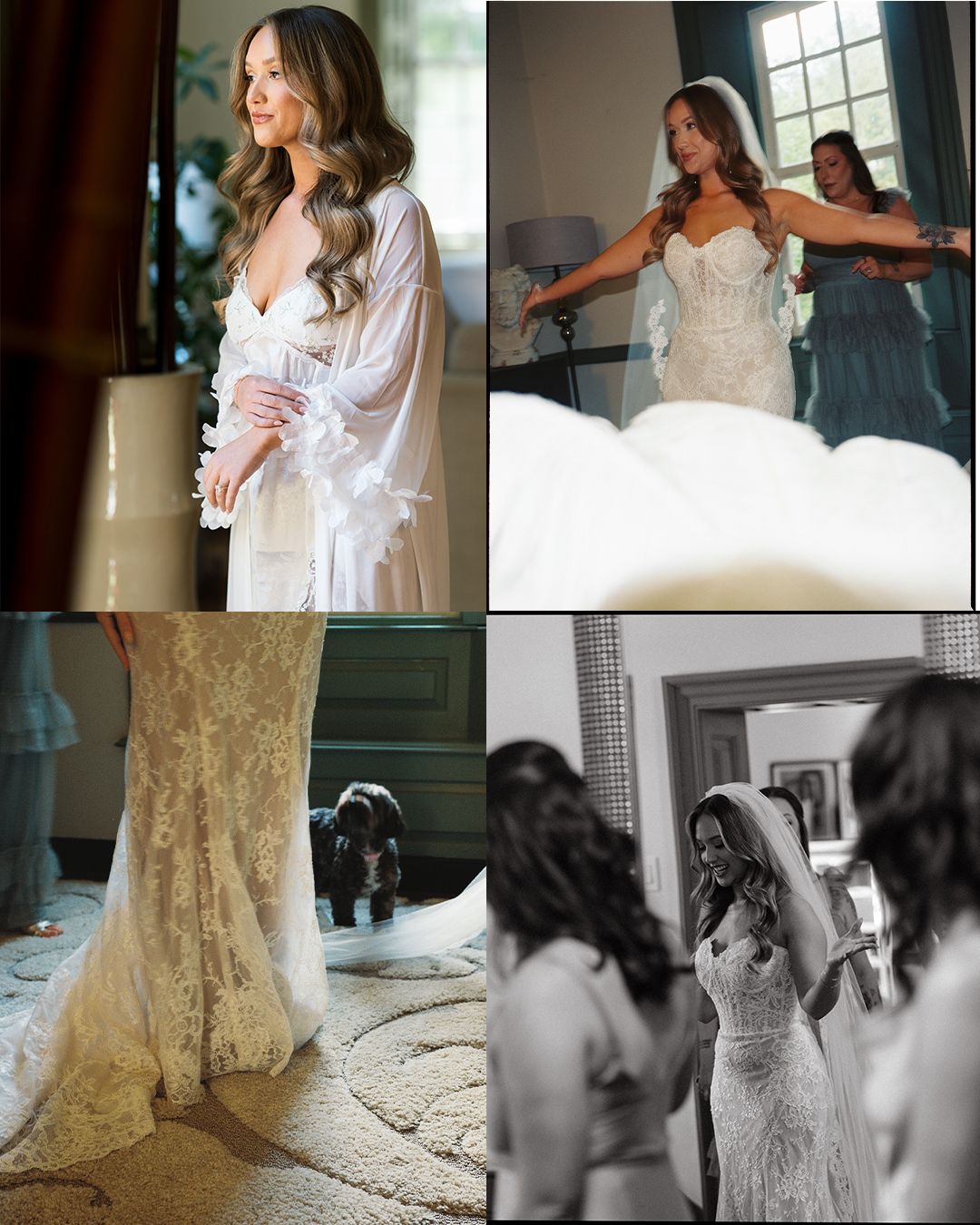 A series of bridal preparation and wedding dress photos showing intimate moments and elegant lace gown details.