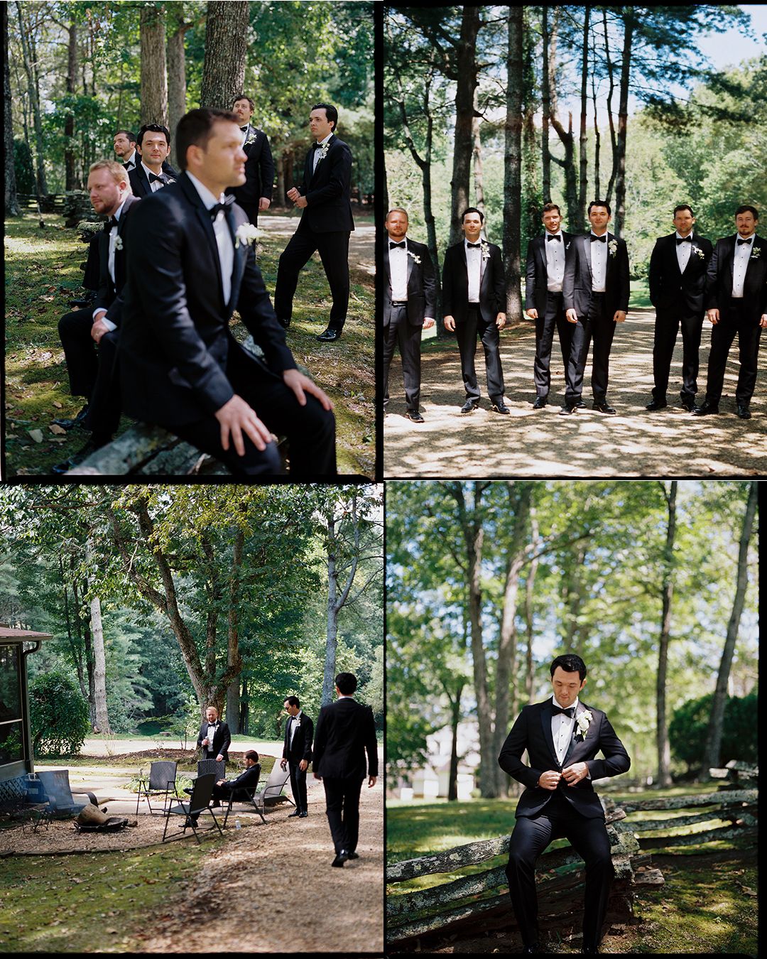 Groomsmen in black tuxedos share candid moments together in a sunlit wooded outdoor setting.
