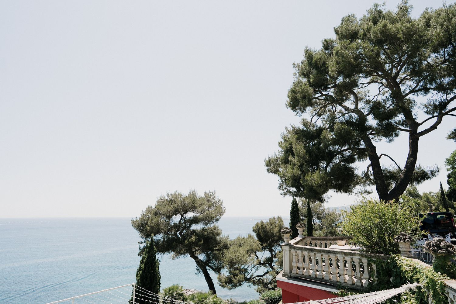 Sea view from the terrace of Villa Casa Rossa in Imperia during a summer wedding in Liguria.