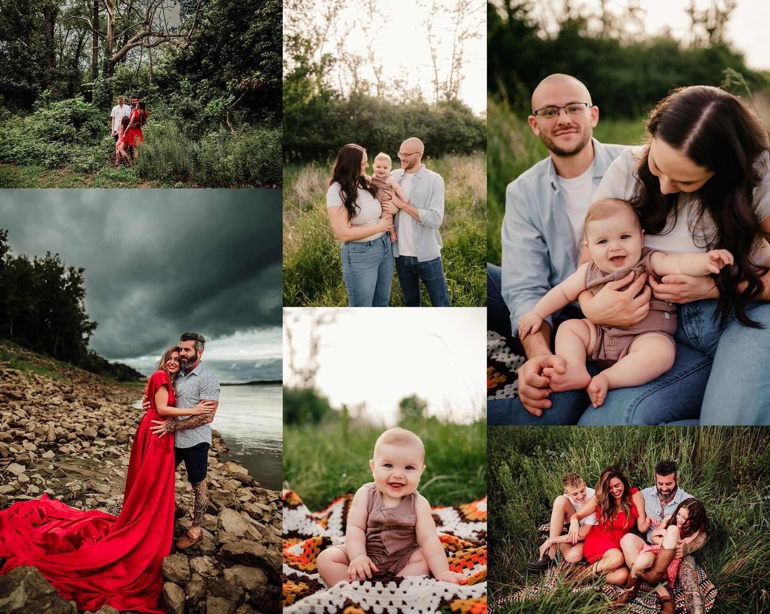 A collage of outdoor family photos featuring candid moments and a flowing red dress against natural backdrops.