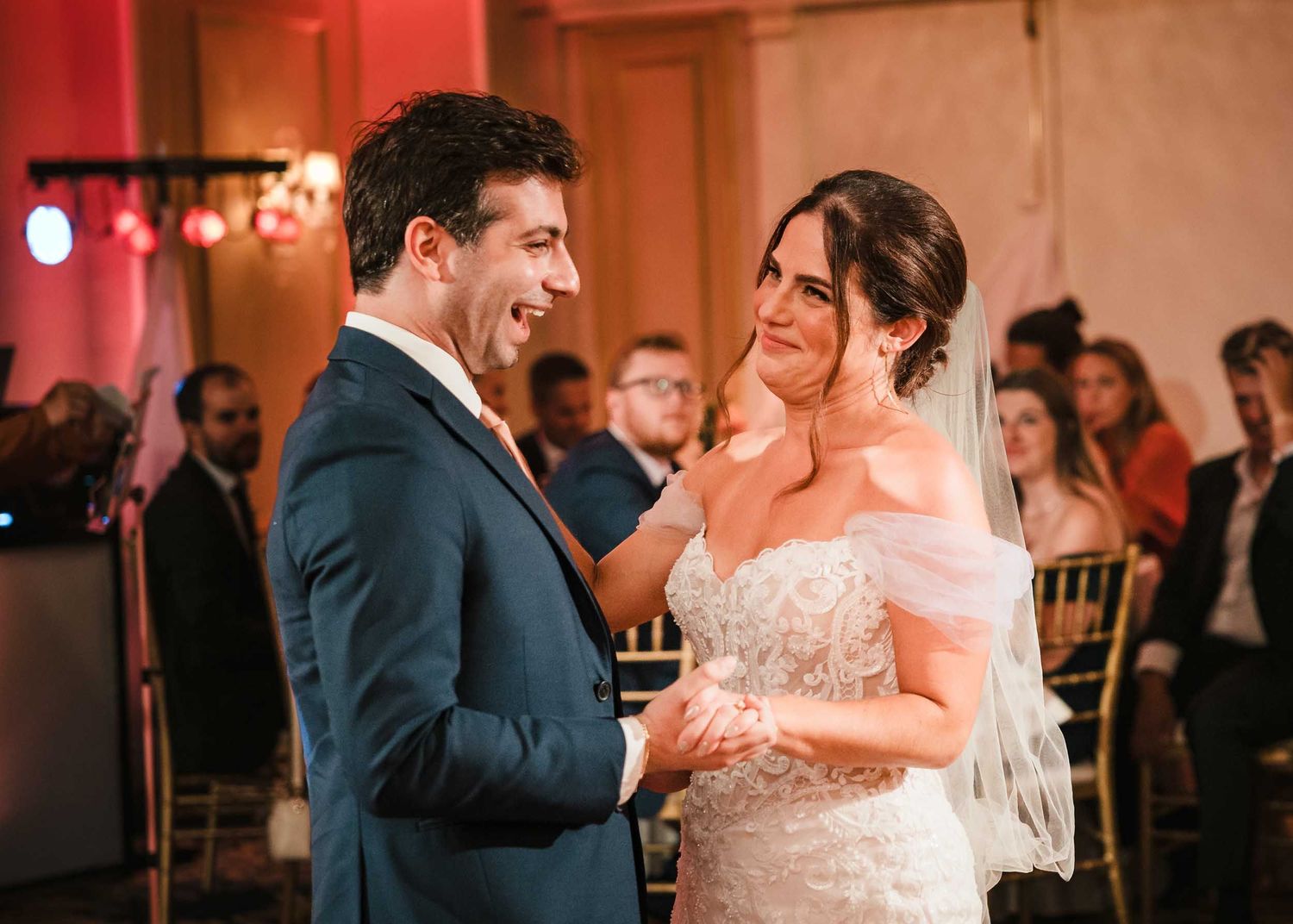 Bride sharing a heartfelt dance with her brother during the parent dance at a Lenox Hotel Boston wedding reception in the Dome Room