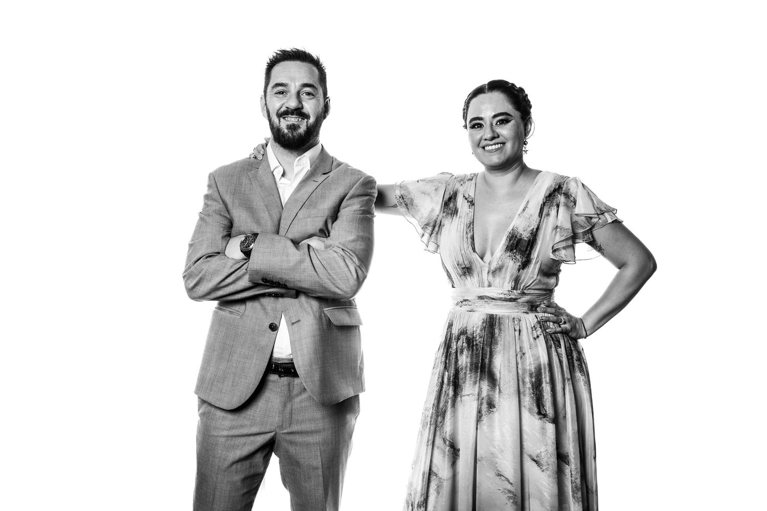 Black and white series of wedding party members posing in formal wear.